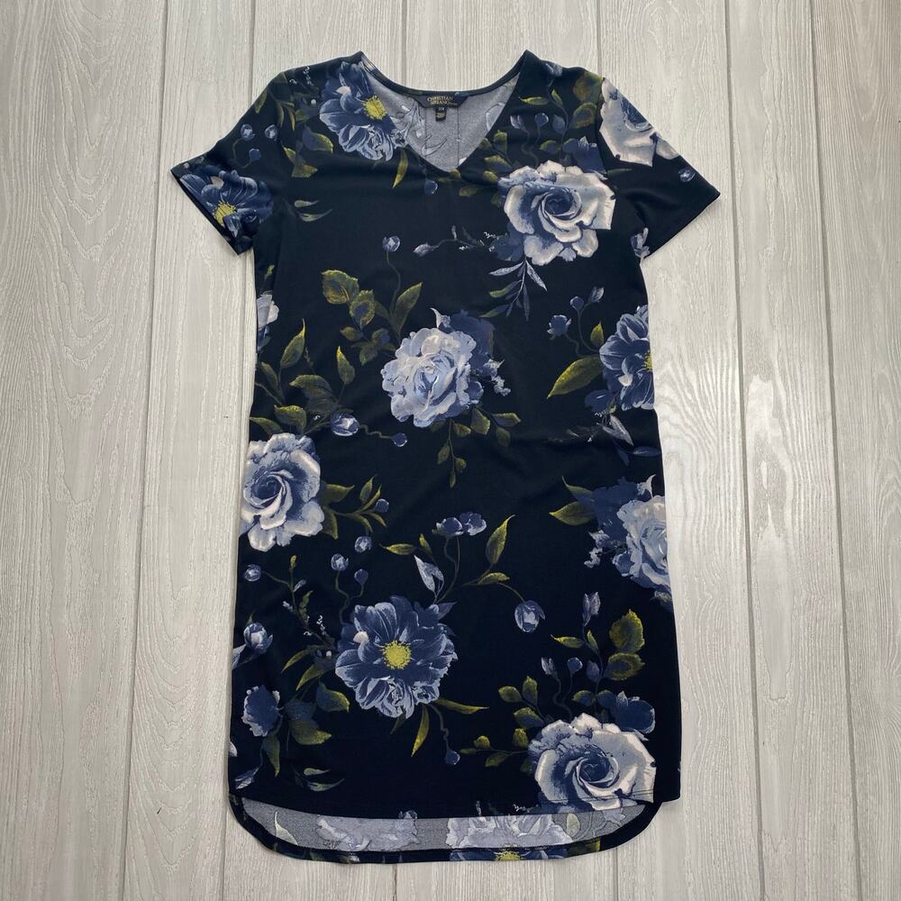 Christian Serrano Black & Blue Floral Stretchy Mini T-Shirt Dress Small